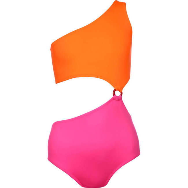 Fuji One-Shoulder One-Piece Swimsuit, Neon Orange & Neon Pink