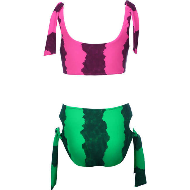 June Tie-Shoulder Sleeveless Two-Piece Bikini, Pink & Green - Two Pieces - 3