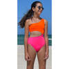 Fuji One-Shoulder One-Piece Swimsuit, Neon Orange & Neon Pink - One Pieces - 2