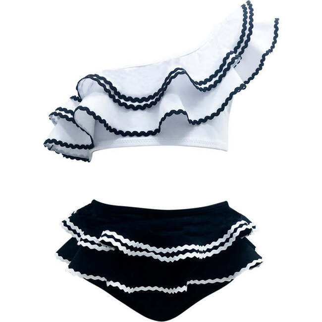Selene Tired Ruffle One-Shoulder & Waist Two-Piece Bikini, White & Black