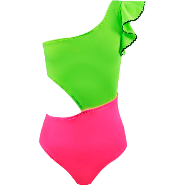 Berry Ruffle One-Shoulder One-Piece Swimsuit, Neon Green & Neon Pink