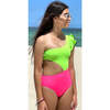 Berry Ruffle One-Shoulder One-Piece Swimsuit, Neon Green & Neon Pink - One Pieces - 2