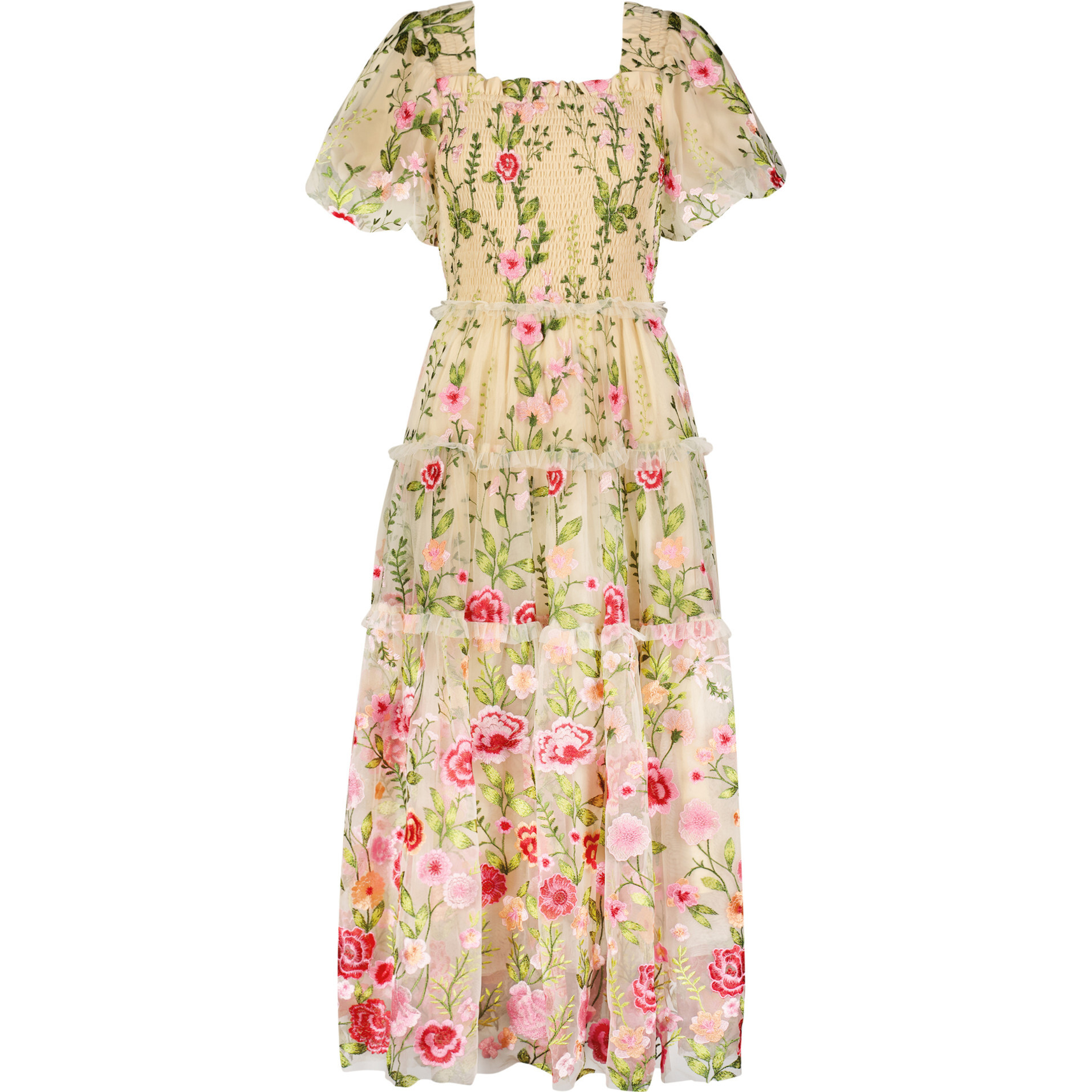 Women's Rose Floral Squared Neck Puff Sleeve Ruffle Midi