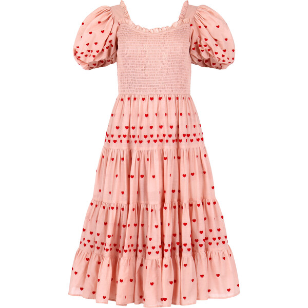 Women's Lover Embroidered Red Heart Puff Sleeve Smocked Maxi Dress