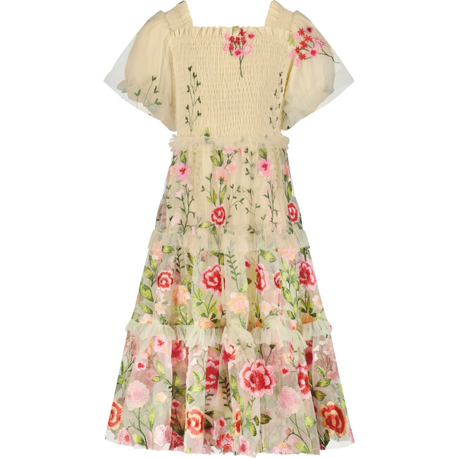 Rose Floral Squared Neck Puff Sleeve Ruffle Maxi Dress, Cream
