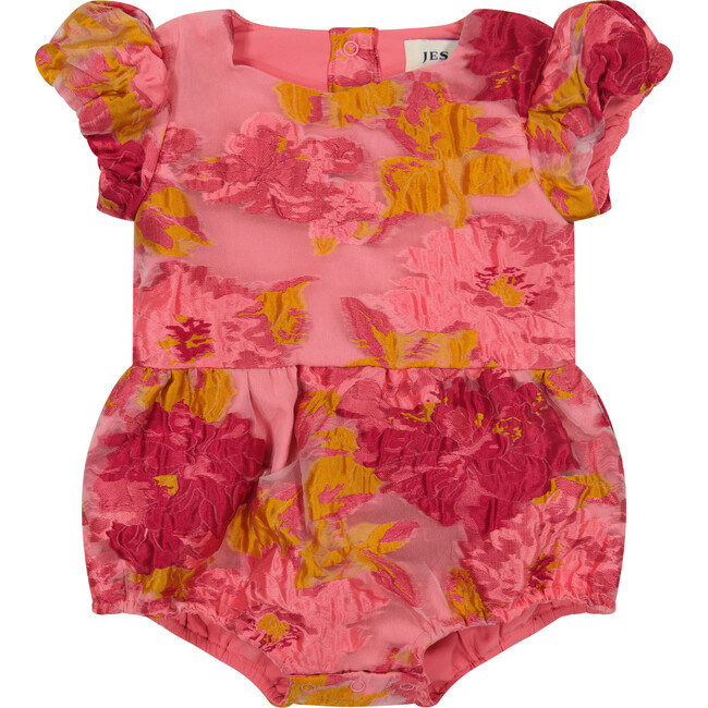 Baby Amara Floral Print Short Puff Sleeve Romper, Pink
