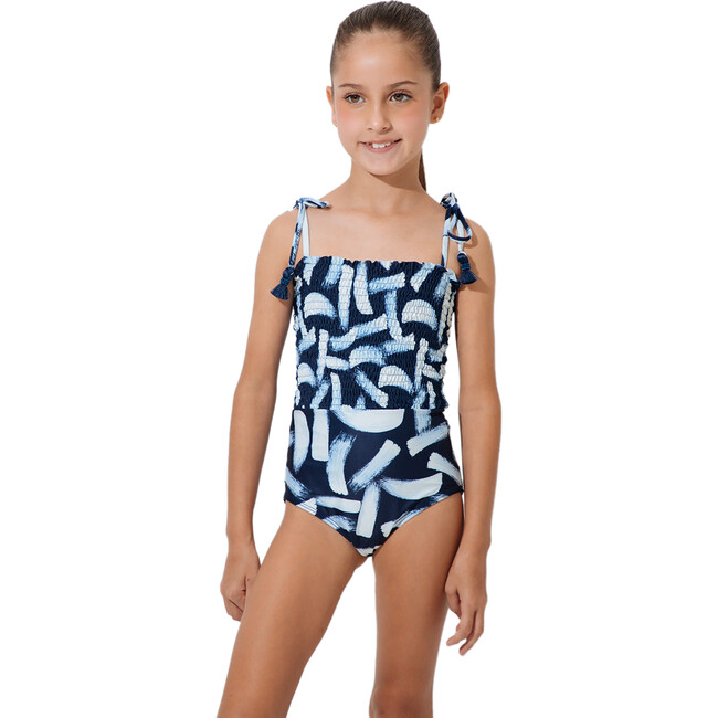 Intricate Strap Ruched One-Piece Swimsuit, Navy & White