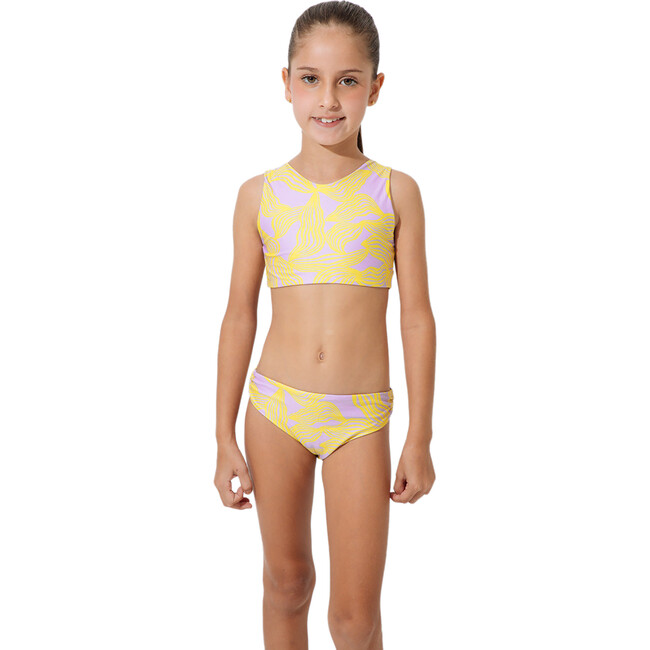 Sporty Criss-Cross Back Top & Seamless Bottom Bikini Set, Yellow & Lilac