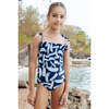 Intricate Strap Ruched One-Piece Swimsuit, Navy & White - One Pieces - 2