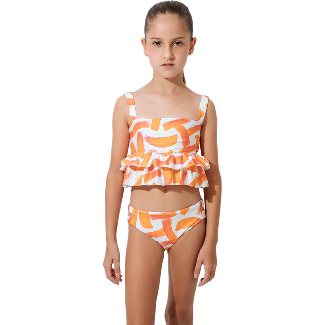 Bralette Ruffle Top & Seamless Bottom Bikini Set, Orange & White