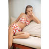 Women's Neck Tie Bandeau Top & High Rise Seamless Bottom Bikini Set, Rust & White - Two Pieces - 2