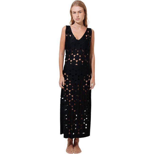 Women's Laser-Cut Through Pattern Maxi Sleeveless Dress, Black