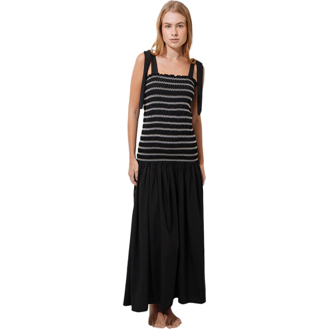 Women's Adjustable Shoulder String Smocked Maxi Dress, Black - Dresses - 1
