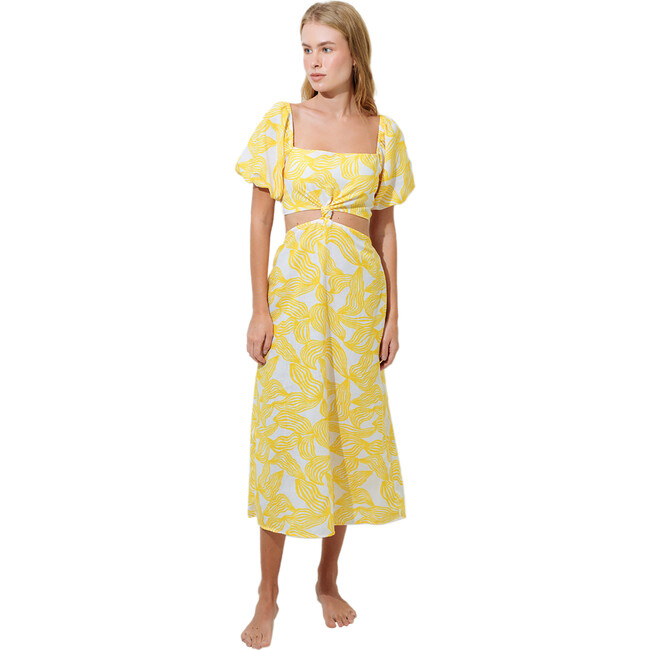 Women's Front Knot Cut-Out Adjustable Back String Puff Sleeve Dress, Yellow & White