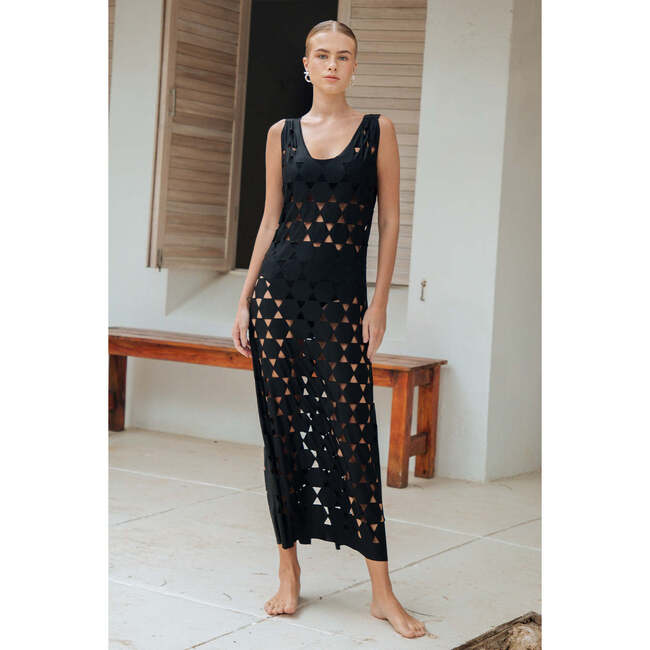 Women's Laser-Cut Through Pattern Maxi Sleeveless Dress, Black - Dresses - 2