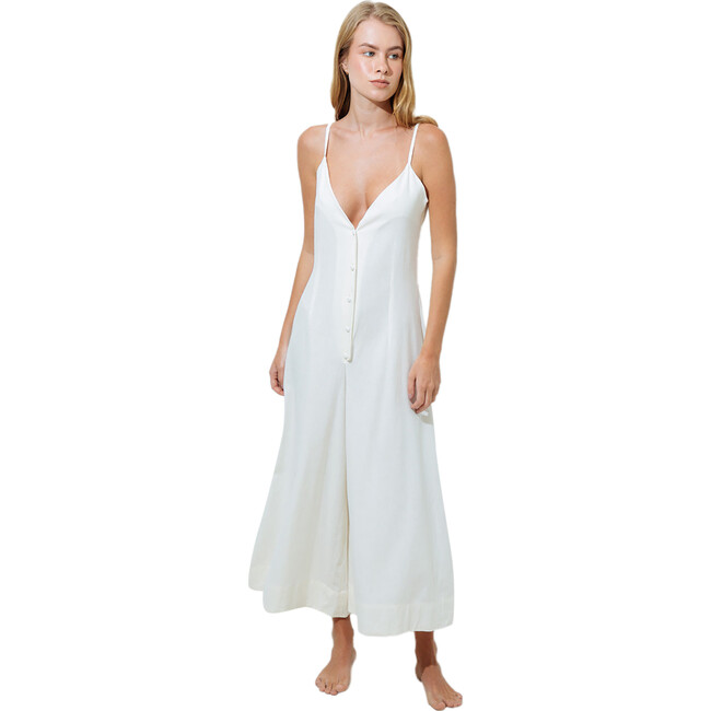 Women's Linen V-Neck Spaghetti Strap Button-Up Wide Leg Jumpsuit, White - Dresses - 1