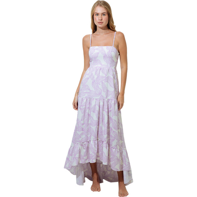 Women's Print Uneven Length Bottom Ruffle Smocked Back Maxi Dress, Lilac & White