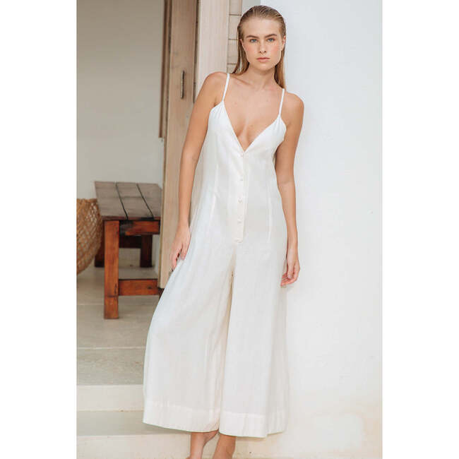 Women's Linen V-Neck Spaghetti Strap Button-Up Wide Leg Jumpsuit, White - Dresses - 2