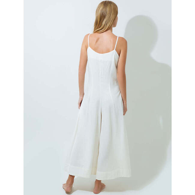 Women's Linen V-Neck Spaghetti Strap Button-Up Wide Leg Jumpsuit, White - Dresses - 3