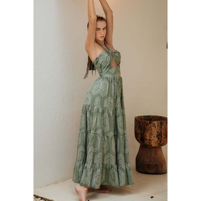 Women's Front Cut-Out Smocked Back Adjustable Neck String Maxi Dress, Sage & White - Dresses - 3
