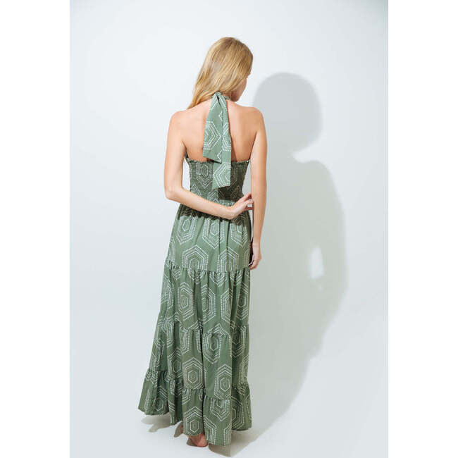 Women's Front Cut-Out Smocked Back Adjustable Neck String Maxi Dress, Sage & White - Dresses - 4