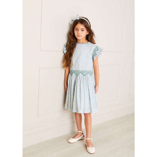 Matilda Floral Print Handsmocked Sleeveless Dress, Blue - Dresses - 2