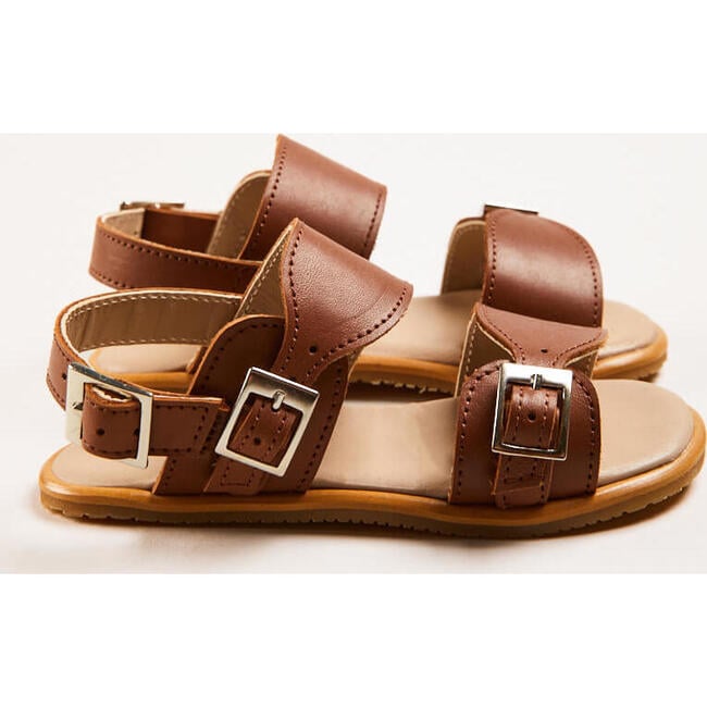 Leather Buckle Detail Sandals, Camel - Sandals - 3