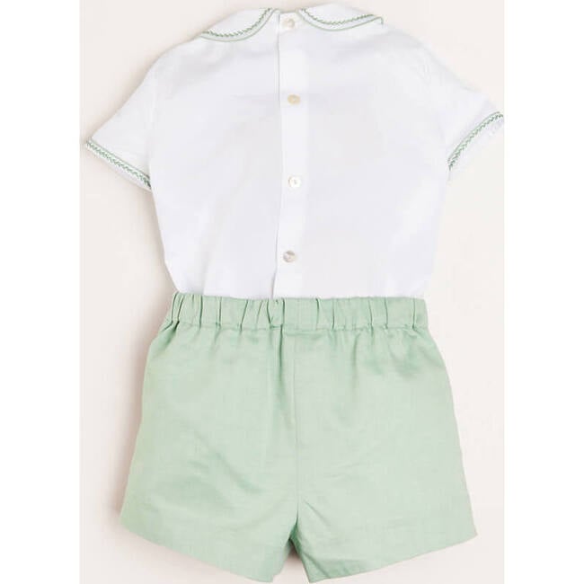 Handsmocked Peter Pan Collar Short Sleeve Two Piece Set, Green - Mixed Apparel Set - 3