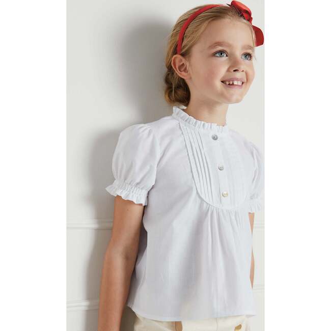 Frilly Neck Pleated Short Sleeve Blouse, White - Blouses - 3