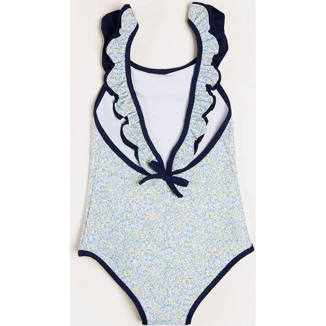 Floral Print Ruffle Trim Swimsuit, Blue - Sweaters - 4