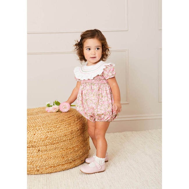 Eloise Floral Print Handsmocked Short Sleeve Romper, Pink - Rompers - 2