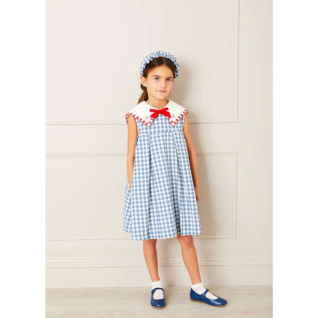 Embroidered Gingham Sleeveless Dress, Blue - Dresses - 3