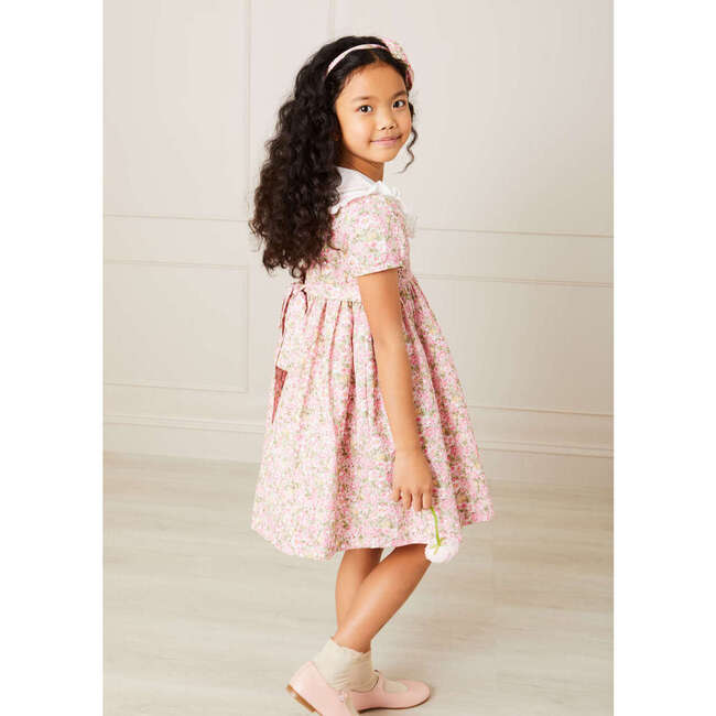 Eloise Floral Print Handsmocked Short Sleeve Dress, Pink - Dresses - 4