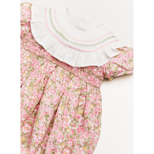 Eloise Floral Print Handsmocked Short Sleeve Romper, Pink - Rompers - 5