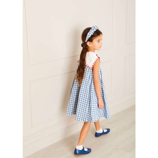 Embroidered Gingham Sleeveless Dress, Blue - Dresses - 6