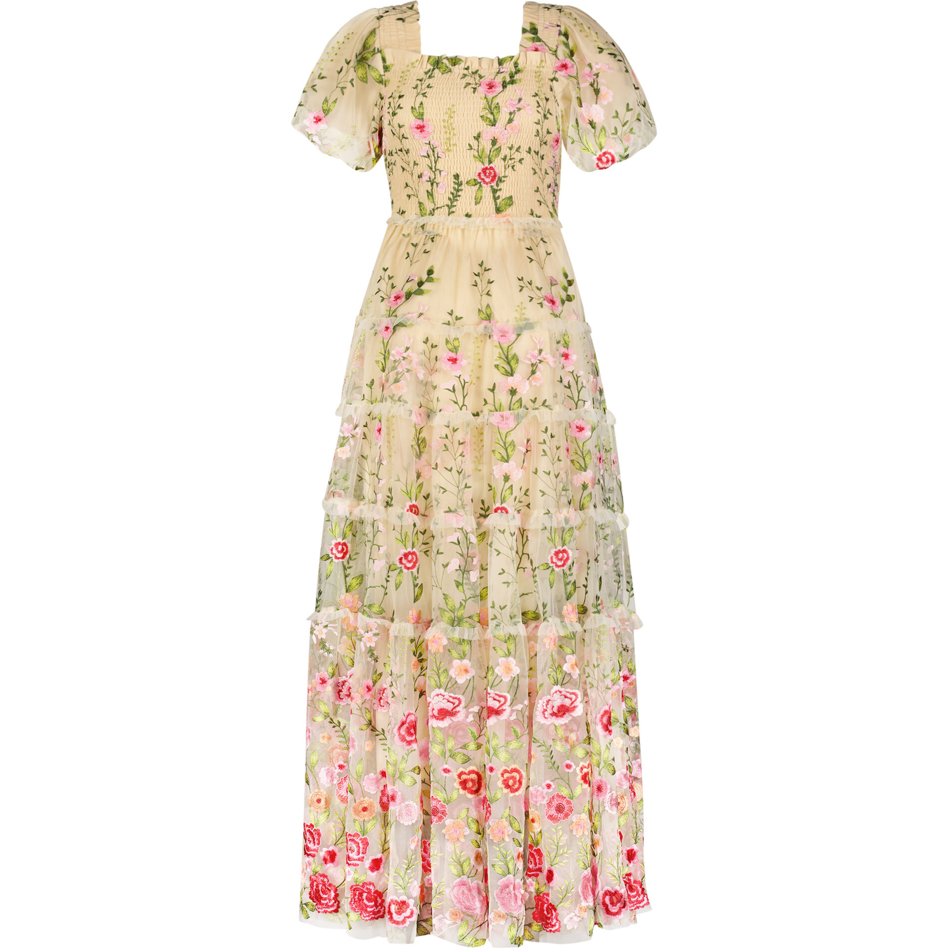 Women's Rose Floral Squared Neck Puff Sleeve Ruffle Maxi Women's Rose Floral Squared Neck Puff Sleeve Ruffle Maxi