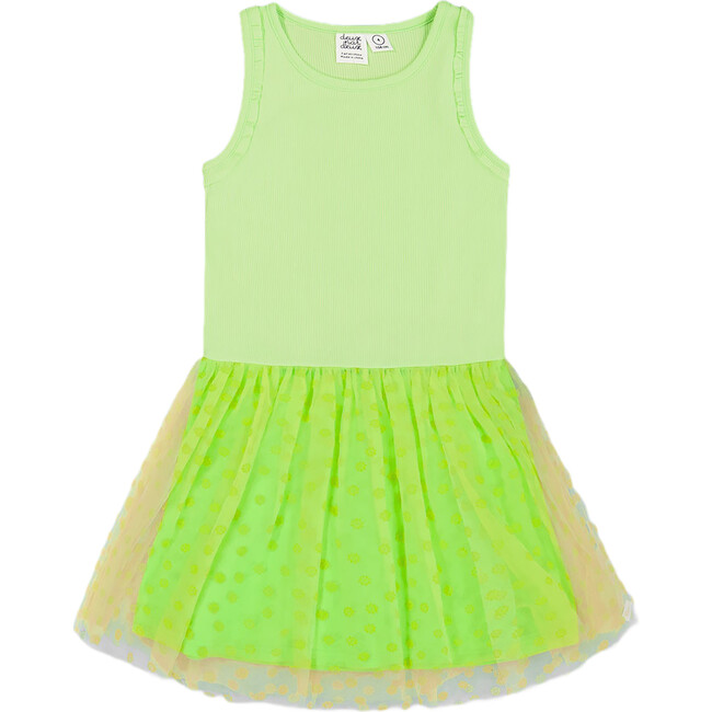 Shiny Ribbed Dress With Mesh Flocking, Lime