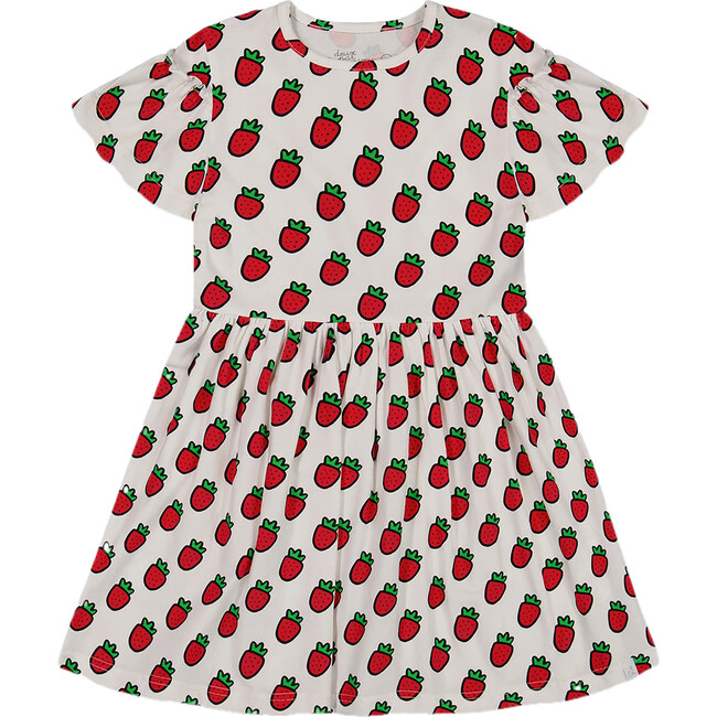 Organic Cotton Dress With Flounce Sleeves, White Printed Pop Strawberry