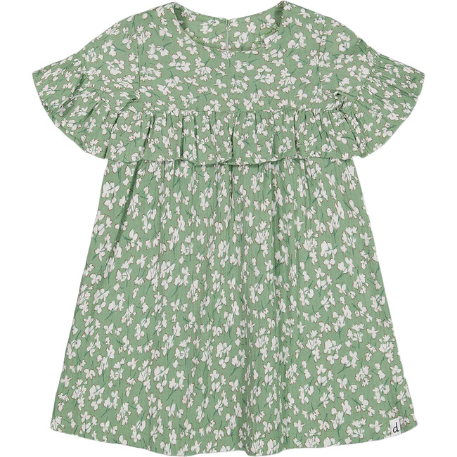 Muslin Dress With Frill, Green Jasmine Flower Print