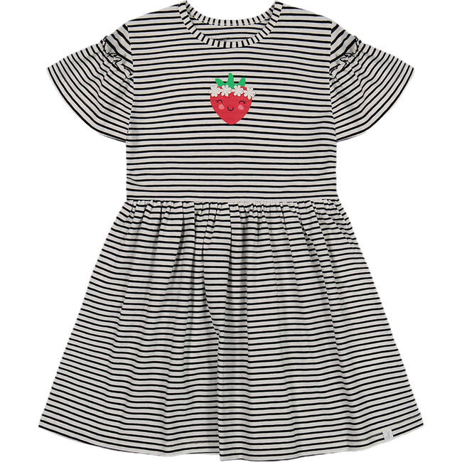 Organic Cotton Dress With Flounce Sleeves, Stripe Black And White