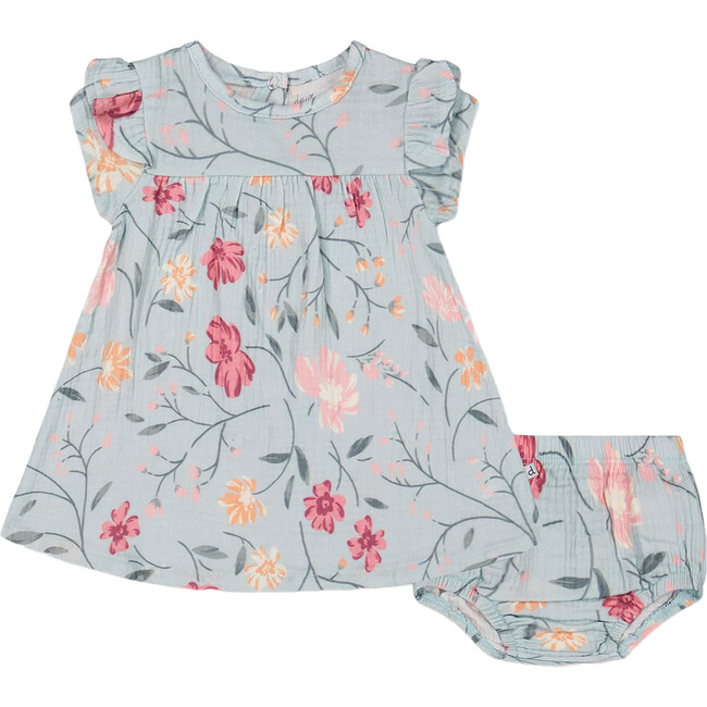 Muslin Dress And Bloomers Set, Light Blue With Printed Romantic Flowers