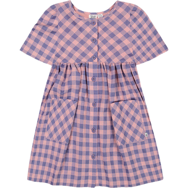 Button Front Dress With Pockets, Plaid Pink And Blue