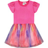 Bi-Material Shiny Rib And Mesh Dress, Fuchsia With Printed Rainbow Heart - Dresses - 1 - thumbnail