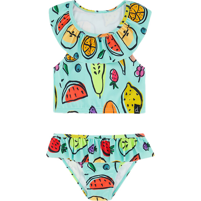 Two Piece Swimsuit, Baby Blue Printed Fruits