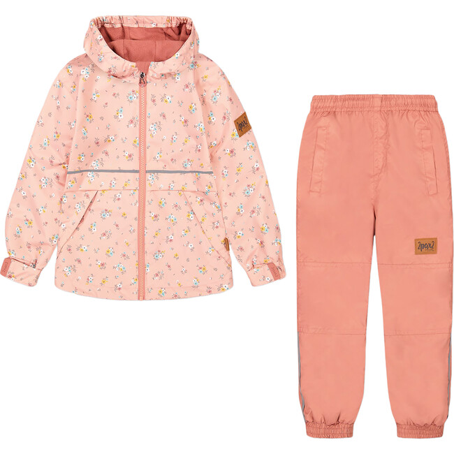 Two Piece Hooded Coat And Pant Mid-Season Set, Pink Little Flowers Print