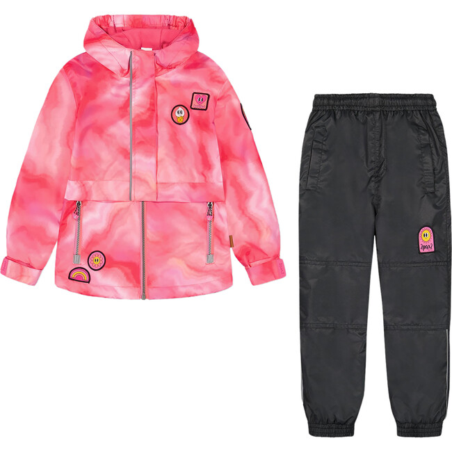 Two Piece Hooded Coat And Pant Mid-Season Set, Printed Fuchsia Marble And Black