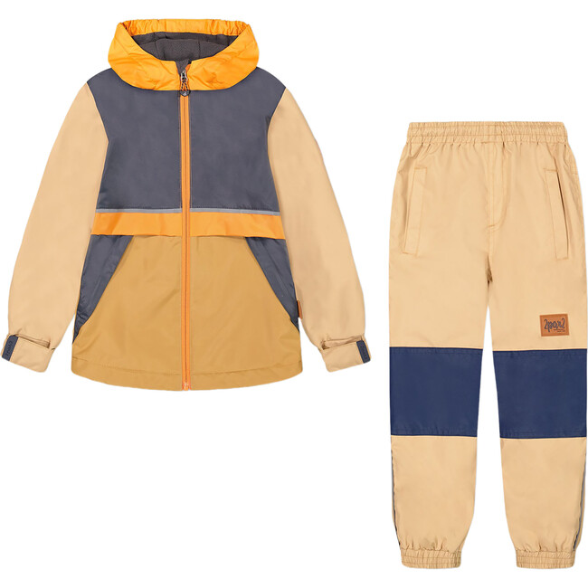 Two Piece Hooded Coat And Pant Mid-Season Set, Colorblock Beige, Grey And Orange