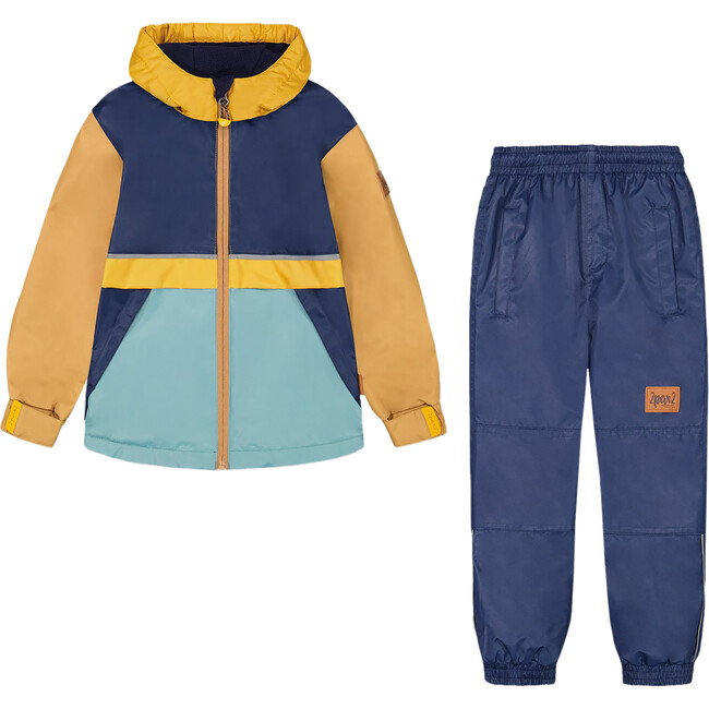 Two Piece Hooded Coat And Pant Mid-Season Set, Colorblock Navy, Blue And Yellow