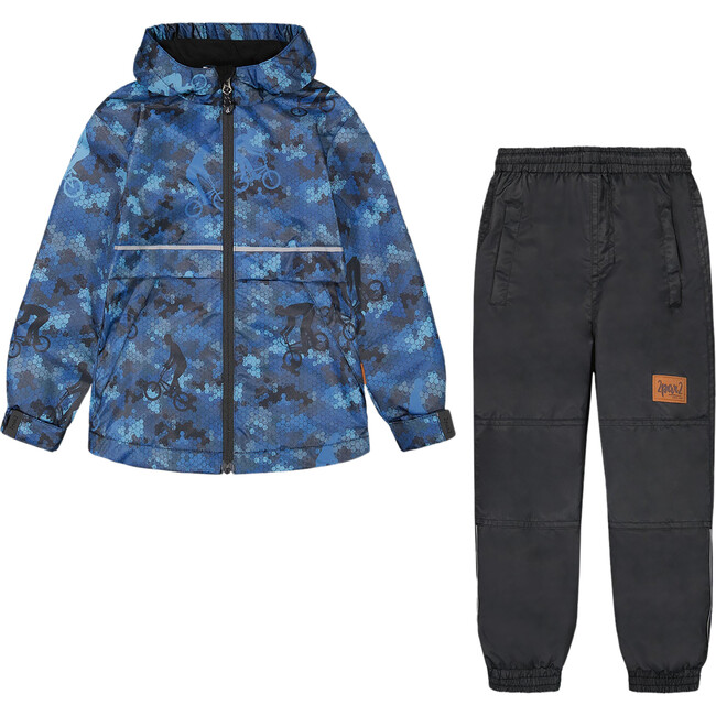 Two Piece Hooded Coat And Pant Mid-Season Set, Blue Printed Bike And Black