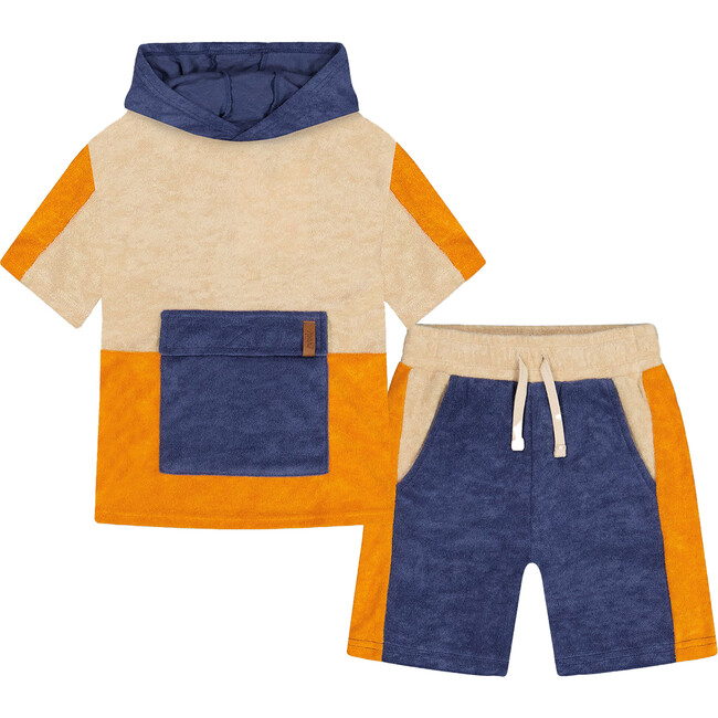 Terry Cloth Hooded Top And Short Set, Navy And Beige